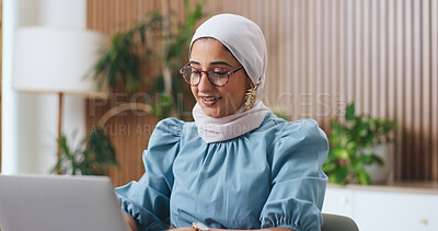Buy stock photo Muslim woman, laptop and typing with smile in office for admin, glasses or insight at insurance company. Islamic person, broker and happy with pc on solution, feedback or risk management at agency