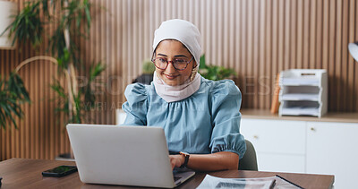 Buy stock photo Laptop, smile and muslim business woman in office for budget, account manager or audit. Planning, online trading proposal and investor report with Islam person in agency for tax portfolio or research