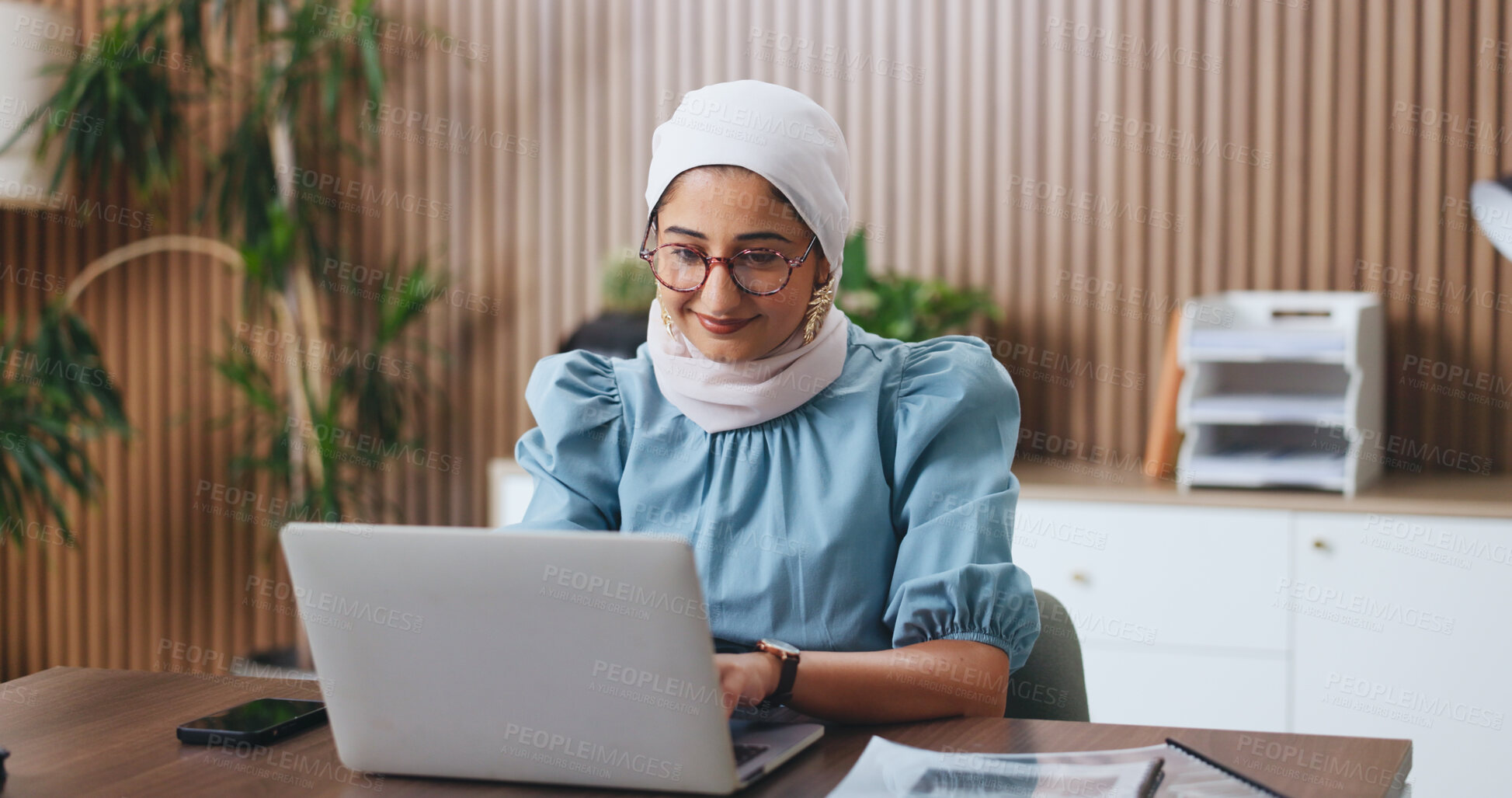 Buy stock photo Laptop, smile and muslim business woman in office for budget, account manager or audit. Planning, online trading proposal and investor report with Islam person in agency for tax portfolio or research