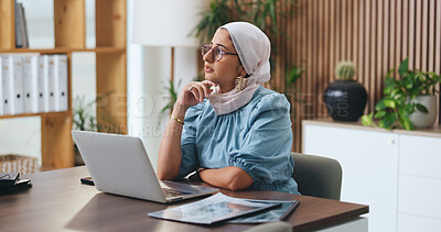 Buy stock photo Laptop, thinking and business with Muslim woman in office for account, budget and planning proposal. Market research, online report and review with Islamic employee for revenue, profit and funding