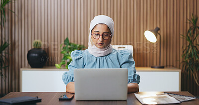 Buy stock photo Laptop, typing and muslim business woman in office for budget, account manager and audit. Planning, online trading proposal and investor report with person in agency for tax portfolio and research
