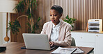 Laptop, typing and reading with business black woman in office for budget, account manager and audit. Planning, online trading proposal and investor report with person in agency for tax portfolio