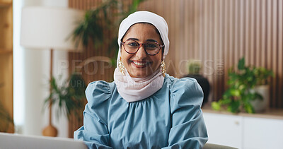Buy stock photo Portrait, employee and Muslim woman with laptop, business and pride with glasses and risk assessment. Corporate, auditor and Islamic person with tech for revenue review, online and smile with eyewear