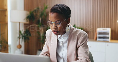 Buy stock photo Black woman, laptop and reading in office for lawsuit research, case preparation and drafting legal report. Business attorney, employee and technology for online court review, planning and email