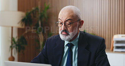 Buy stock photo Laptop, reading and businessman in office with insight, problem solving or funding ideas for budget pitch. Mature, financial consultant or firm with tech for online report, proposal or investment