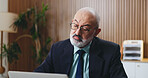Laptop, thinking and businessman in office with insight, problem solving or funding ideas for budget pitch. Mature, financial consultant or firm with tech for online report, proposal or investment