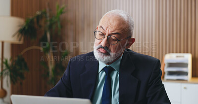 Buy stock photo Laptop, thinking and businessman in office with insight, problem solving or funding ideas for budget pitch. Mature, financial consultant or firm with tech for online report, proposal or investment
