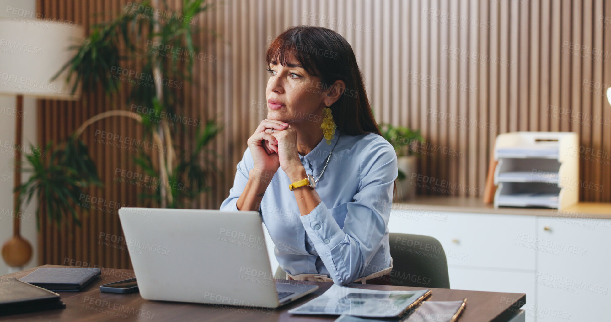 Buy stock photo Office, employee and mature woman with laptop, thinking and ideas for assignment and risk management. Reflection, auditor and person with technology for revenue review, online and wonder in business