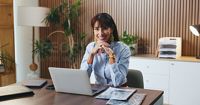 Buy stock photo Laptop, smile and portrait with business woman in office for budget, account manager and audit. Planning, online trading proposal and investor report with mature person in agency for tax portfolio