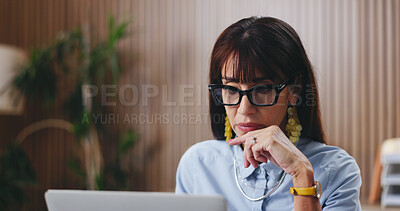 Buy stock photo Reading, glasses and businesswoman with laptop, office or mature attorney with legal research on web. Corporate, lawyer and person with eyewear in law firm, serious and case review with technology