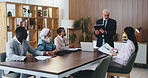 Man, tablet and speaker with team in office meeting for planning with review, insight or talk at insurance company. Person, broker and group with tech on app, feedback or risk management at agency