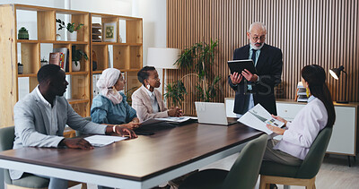 Buy stock photo Man, tablet and speaker with team in office meeting for planning with review, insight or talk at insurance company. Person, broker and group with tech on app, feedback or risk management at agency