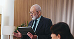 Tablet, meeting and business people in office with presentation, problem solving or funding ideas. Financial consultant, team or firm with tech for report, proposal or investment and budget pitch