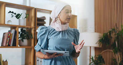Buy stock photo Muslim woman, tablet and speaker in office meeting at startup with review, insight and talk at media company. Islamic person, editor and tech with discussion, feedback and app at creative agency