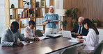 Woman, tablet and discussion with team in office meeting on app with review, insight or talk at insurance company. Person, speaker and tech for group, feedback or risk management report at agency