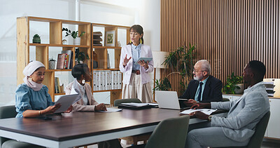 Buy stock photo Woman, tablet and review with team in office meeting on app with planning, insight or talk at insurance company. Person, speaker and tech for group, feedback or risk management report at agency