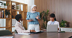 Woman, tablet and pitch with team in office meeting for strategy, review and insight at insurance company. Person, broker and group with tech on application, feedback or risk management at agency
