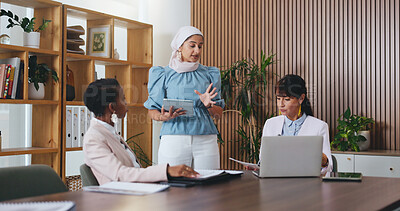 Buy stock photo Woman, tablet and pitch with team in office meeting for strategy, review and insight at insurance company. Person, broker and diversity with tech on application, feedback or risk management at agency