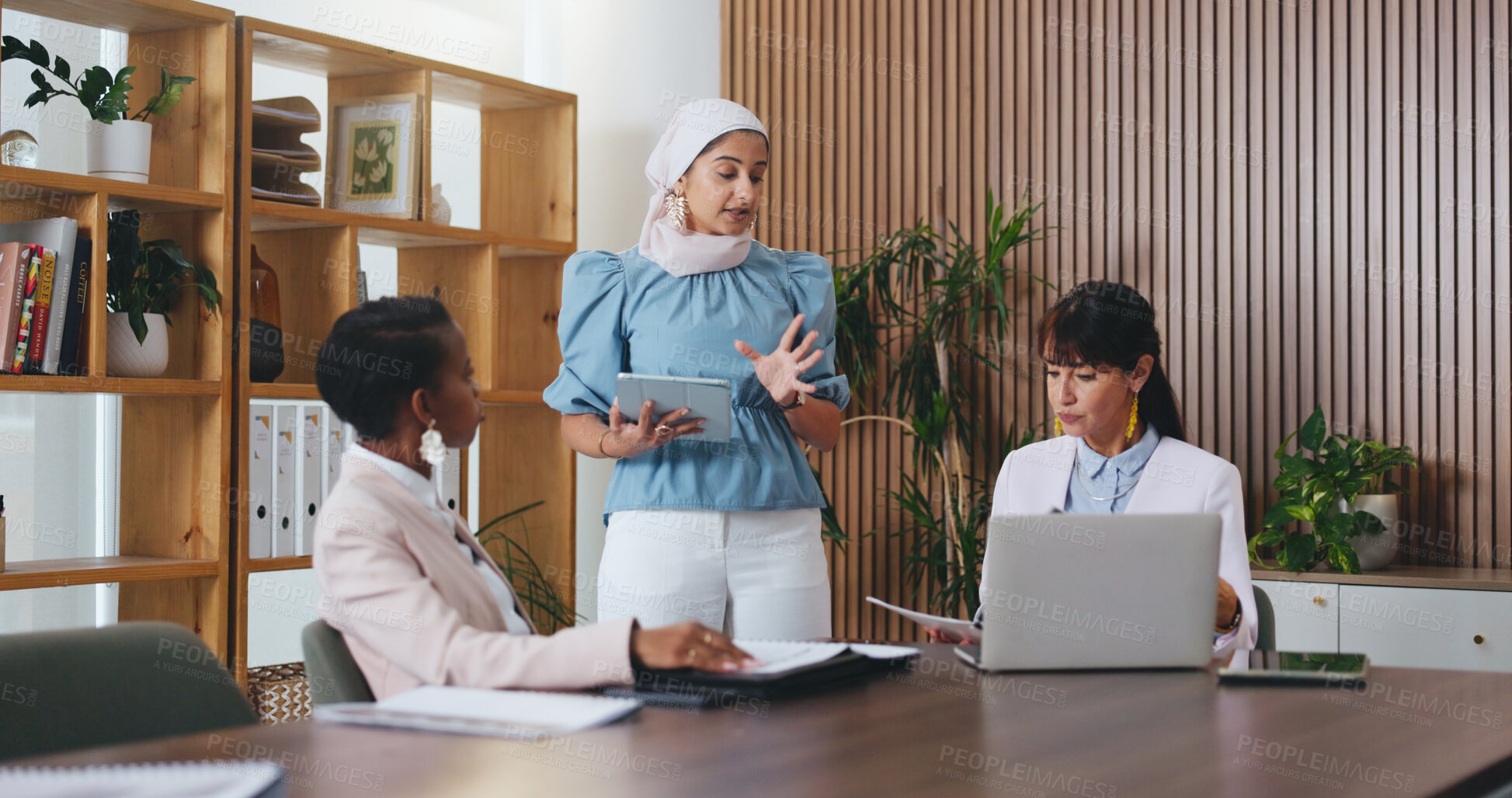Buy stock photo Woman, tablet and pitch with team in office meeting for strategy, review and insight at insurance company. Person, broker and diversity with tech on application, feedback or risk management at agency