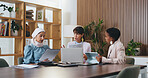 Woman, laptop and documents with team in office meeting for strategy, tablet and insight at insurance company. Person, broker and group with tech on application, feedback or risk management at agency