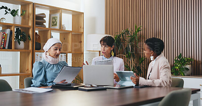 Buy stock photo Woman, laptop and documents with team in office meeting for strategy, tablet and insight at insurance company. Person, broker and diversity with tech on app, feedback or risk management at agency