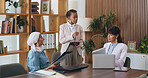 Woman, tablet and documents with team in office meeting for strategy, laptop and insight at insurance company. Person, broker and group with tech on application, feedback or risk management at agency