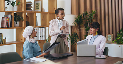 Buy stock photo Woman, tablet and documents with team in office meeting for strategy, laptop and insight at insurance company. Person, broker and group with tech on application, feedback or risk management at agency