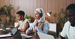 Happy woman, consultant and team with headset in call center for customer service or online advice. Female person, friendly agent or employees with smile for virtual assistance or help in agency