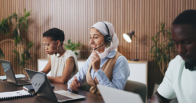 Buy stock photo Happy woman, consultant and team with headset in call center for customer service or online advice. Female person, friendly agent or employees with smile for virtual assistance or help in agency