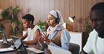 Woman, consultant or team with headset in call center for customer service or online advice. Female person, agent or employees explaining terms and conditions for virtual assistance or help in agency