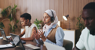 Buy stock photo Woman, consultant or team with headset in call center for customer service or online advice. Female person, agent or employees explaining terms and conditions for virtual assistance or help in agency