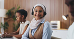 Woman, smile and headset in portrait at office with review, insight and legal advisory service at company. Person, consultant and happy with voip, contact us and problem solving at corporate law firm