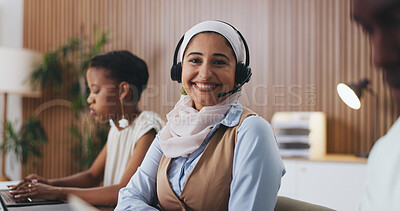Buy stock photo Woman, smile and headset in portrait at office with review, insight and legal advisory service at company. Person, consultant and happy with voip, contact us and problem solving at corporate law firm