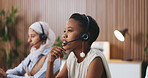 Woman, discussion and headset for legal advice at office with review, insight and mic at company. Person, consultant and thinking with voip, contact us and problem solving at corporate law firm