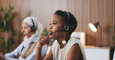 Buy stock photo Woman, discussion and headset for legal advice at office with review, insight and mic at company. Person, consultant and thinking with voip, contact us and problem solving at corporate law firm