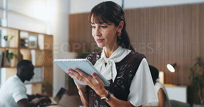 Buy stock photo Creative, online and businesswoman with tablet, boardroom and campaign review on website or research. Reading, media coverage and mature person with tech for project, pr account manager and scroll