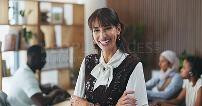 Buy stock photo Woman, smile and arms crossed at meeting with team, confidence and pride at media company. Person, journalist and editor at office for group, happy or leader in boardroom for portrait at press agency