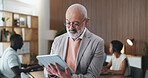 Man, review and tablet at meeting with team for insight, typing and notes in office at insurance company. Person, broker or tech with click, checklist and app in boardroom at risk management agency