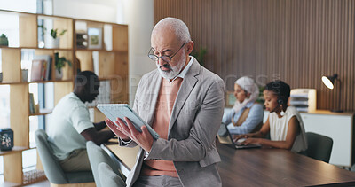 Buy stock photo Serious, businessman and research with tablet, boardroom and campaign review on website and meeting. Reading, media coverage and mature person with tech for project, pr account manager and online