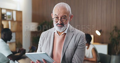 Buy stock photo Portrait, businessman and research with tablet, boardroom and campaign review on website and meeting. Online, media coverage and mature person with tech for project, pr account manager and confident