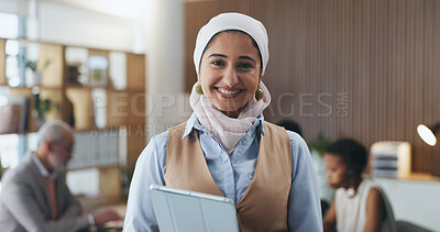 Buy stock photo Woman, smile and tablet at office with team, confidence and portrait in meeting at insurance company. Person, broker or editor with tech, happy and application in boardroom at risk management agency