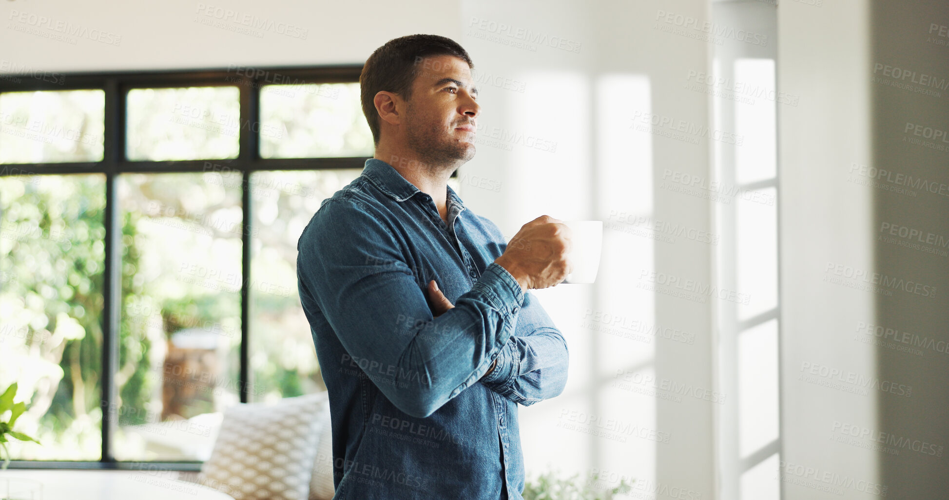 Buy stock photo Thinking, coffee and man in home with reflection, nostalgia or memory on weekend in living room. Decision, smile and male person with warm beverage for choice or plan in apartment with daydreaming.