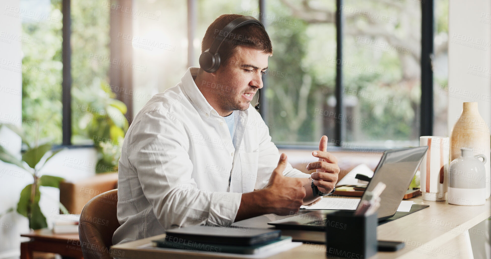 Buy stock photo Businessman, consultant and video call with laptop in home for online advice or customer service. Man, freelance agent or remote work with headset on computer for virtual assistance or help in house