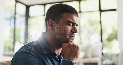 Buy stock photo Tired, man and headache with stress in home for burnout, fatigue or financial mistake. Male person, reflection or thinking with regret, debt or mental health for finance crisis or anxiety in house