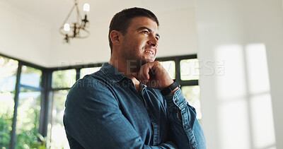 Buy stock photo Thinking, smile and man in living room with reflection, nostalgia or memory on weekend. Decision, happy and male person with choice or planning for break in apartment with daydreaming in home.
