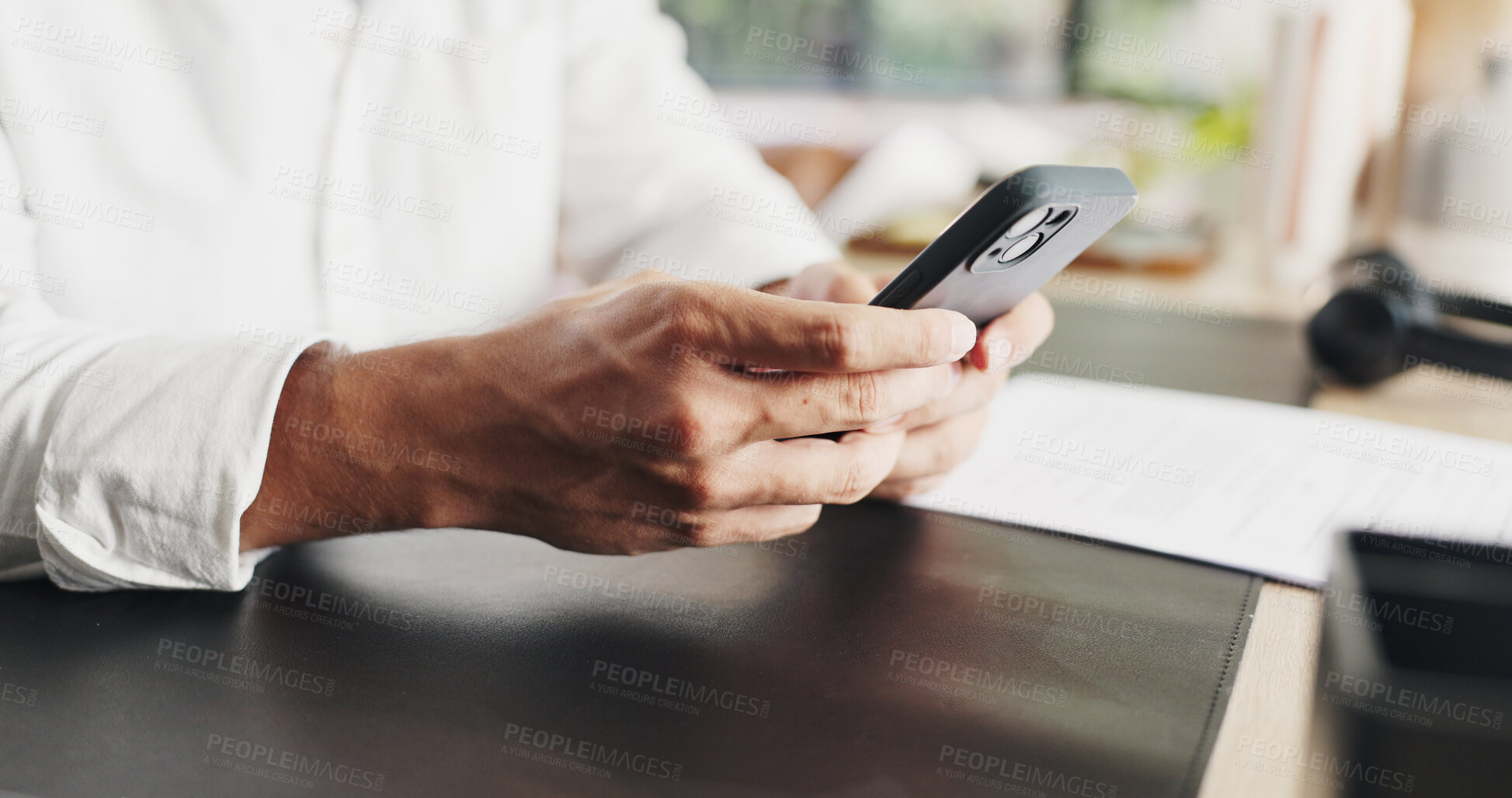 Buy stock photo Online, chat and hands with smartphone, home office and networking with contact on social media app. Scroll, message and person with mobile on break, remote work and texting with technology in house