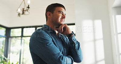 Buy stock photo Thinking, ideas and man in home with reflection, nostalgia or memory on weekend. Decision, relax and male person with choice or planning for break in apartment with daydreaming in living room.