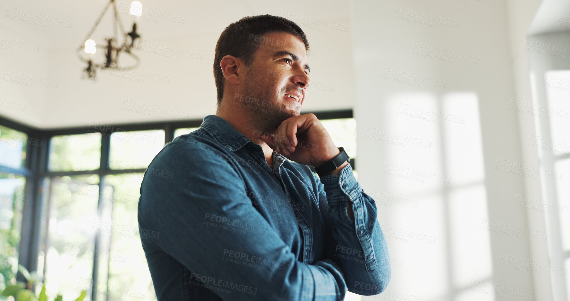 Buy stock photo Thinking, ideas and man in home with reflection, nostalgia or memory on weekend. Decision, relax and male person with choice or planning for break in apartment with daydreaming in living room.