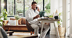 Phone call, remote work and man with tablet in house for account manager, client portfolio and research. Admin, feedback and tech with person in living room for planning or thinking in home office