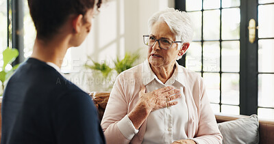 Buy stock photo Conversation, volunteer and senior woman in home for rehabilitation, checkup and post surgery recovery. Apartment, pensioner or elderly person in living room for support, chat and advice for help